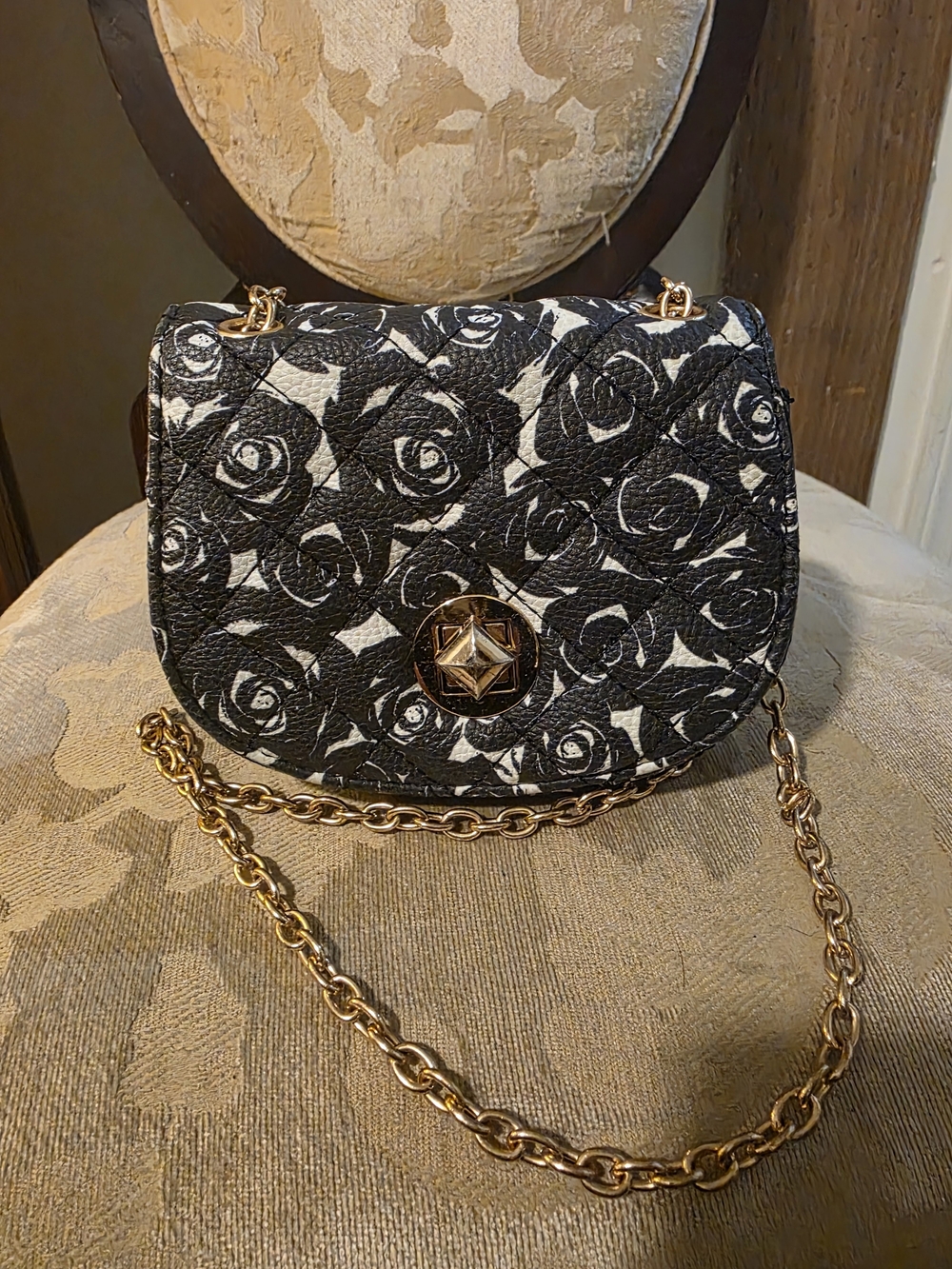 Black & White Floral Chain Saddle Bag - Unbranded